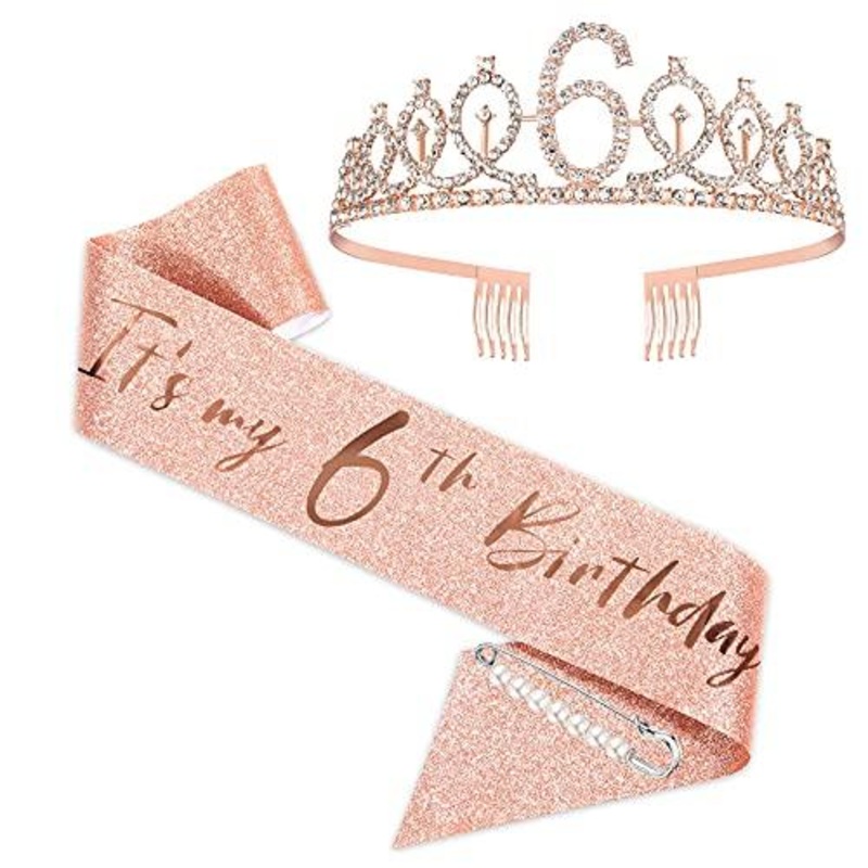 6th Birthday Sash and Tiara for Girls,  Happy 6th Birthday Party Favor Supplies