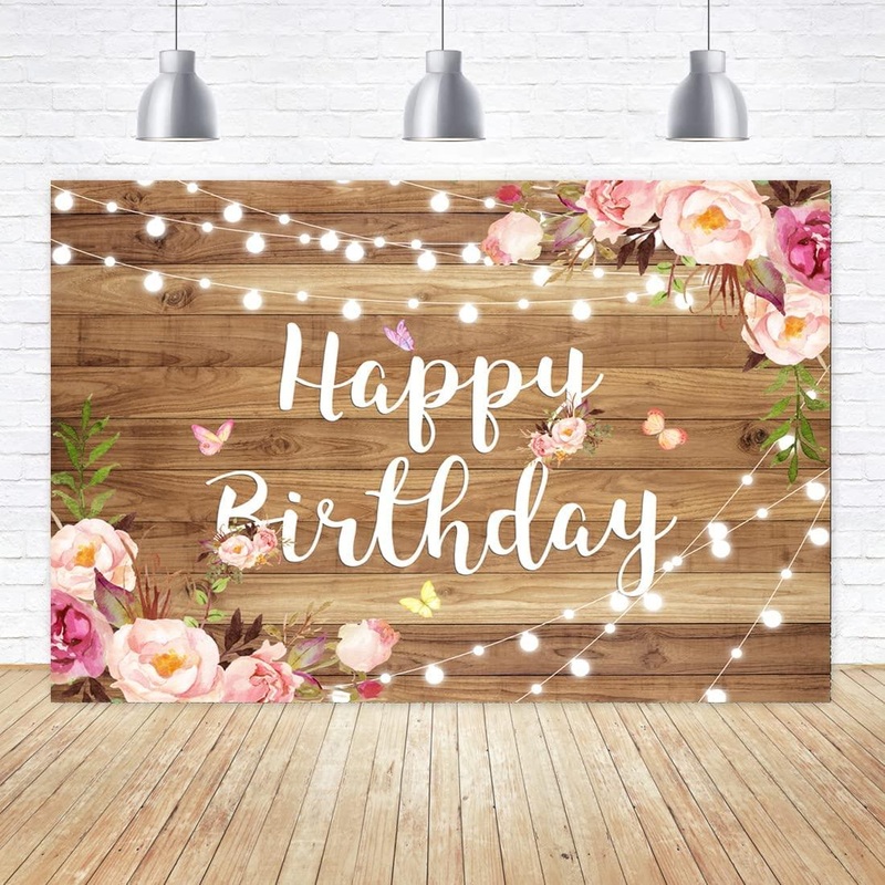 7x5ft Pink Floral Happy Birthday Backdrop Butterfly Wooden Floor Watercolor Flowers Girls Photography Background