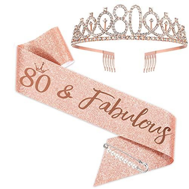 80th Birthday Sash and Tiara for Women, Happy 80th Birthday Party Favor Supplies