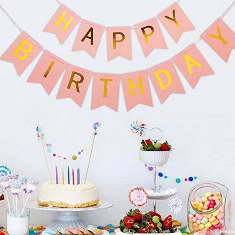 Birthday Decorations, Pink and Golden Premium Quality Happy Birthday Banners with Golden Sparkle Shimmering Letters