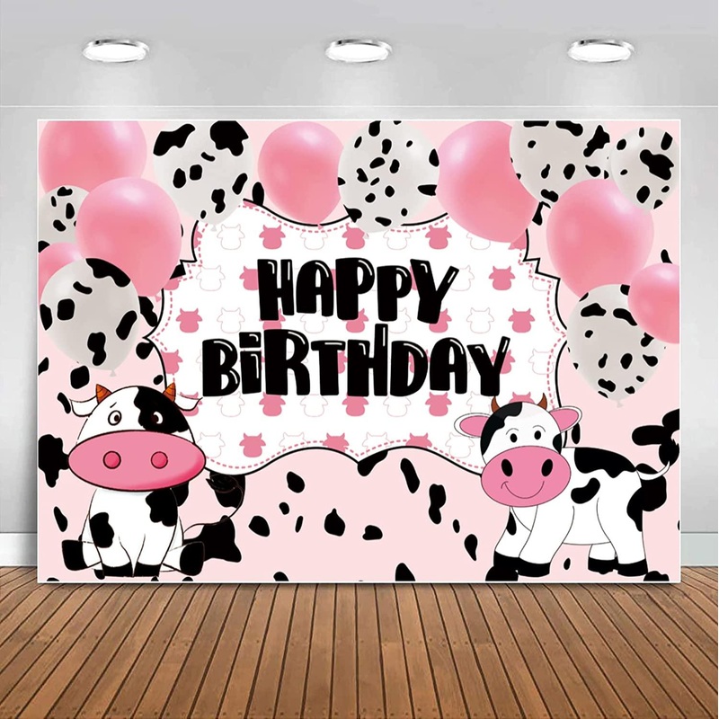 Cartoon Cow Happy Birthday Backdrop Banner Cow Party Decorations Pink White Cow Print Balloons Farm Animals Background