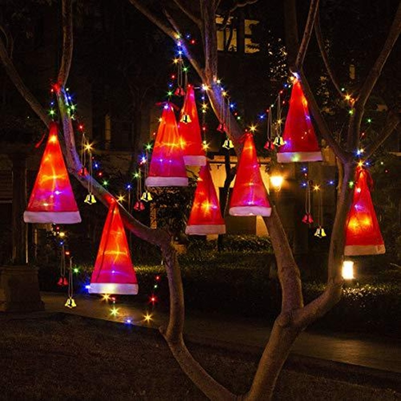 Christmas Decorations Outdoor 8Pcs Hanging Lighted Glowing Santa Hats with 14Pcs Small Dcor Bells 33ft Christmas Lights String with 8 Lighting Modes