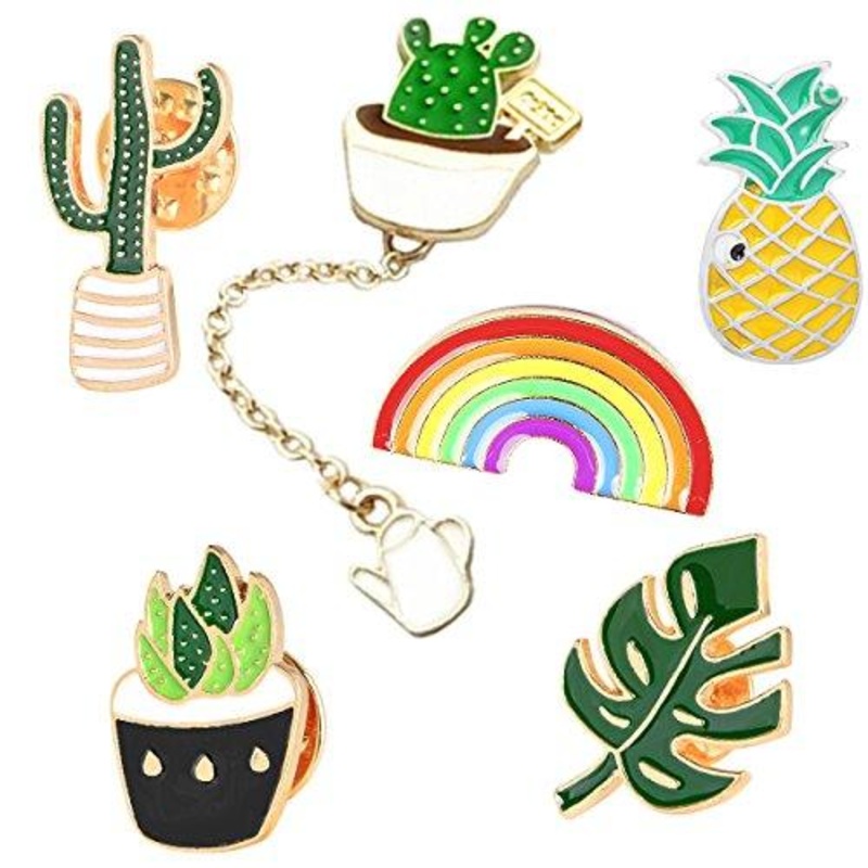 Cute Enamel Lapel Pin Set, 6pcs Cartoon Brooch Pin Badges for Clothes Bags Backpacks - Rainbow Cactus Succulent Leaves Pineapple