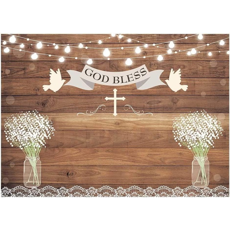 First Holy Communion Baptism Party Backdrop Rustic Wood God Bless Floral Photography Background