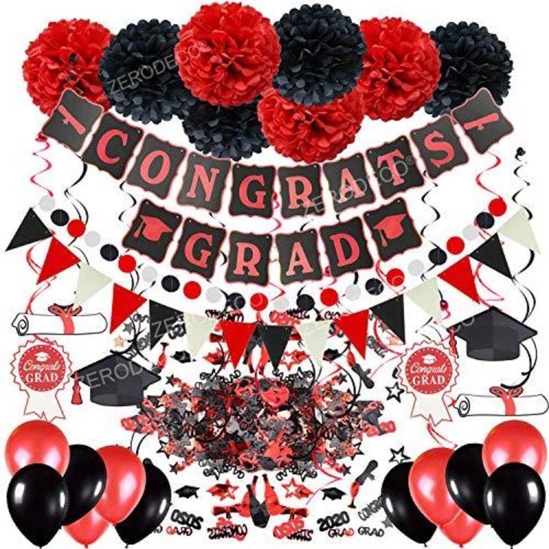 Graduation Decorations, Black and Red Congrats Grad Banner Paper Pompoms Hanging Swirls Graduation Confetti Paper Garland Party Balloons