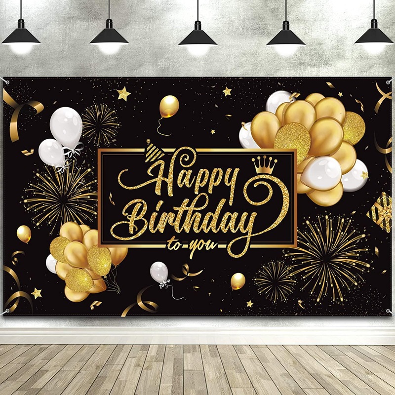 Happy Birthday Backdrop Banner Black and Gold Sign Poster Large Fabric Glitter Balloon Fireworks Sign
