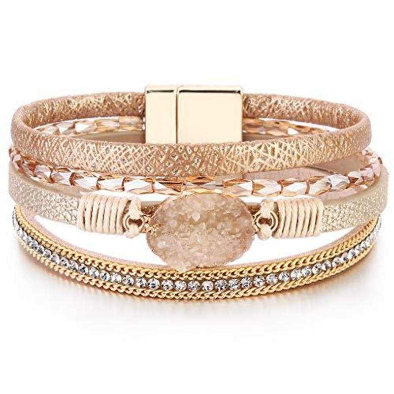 Leather Wrap Bracelet Boho Cuff Bracelets Crystal Bead Bracelet with Magnetic Clasp