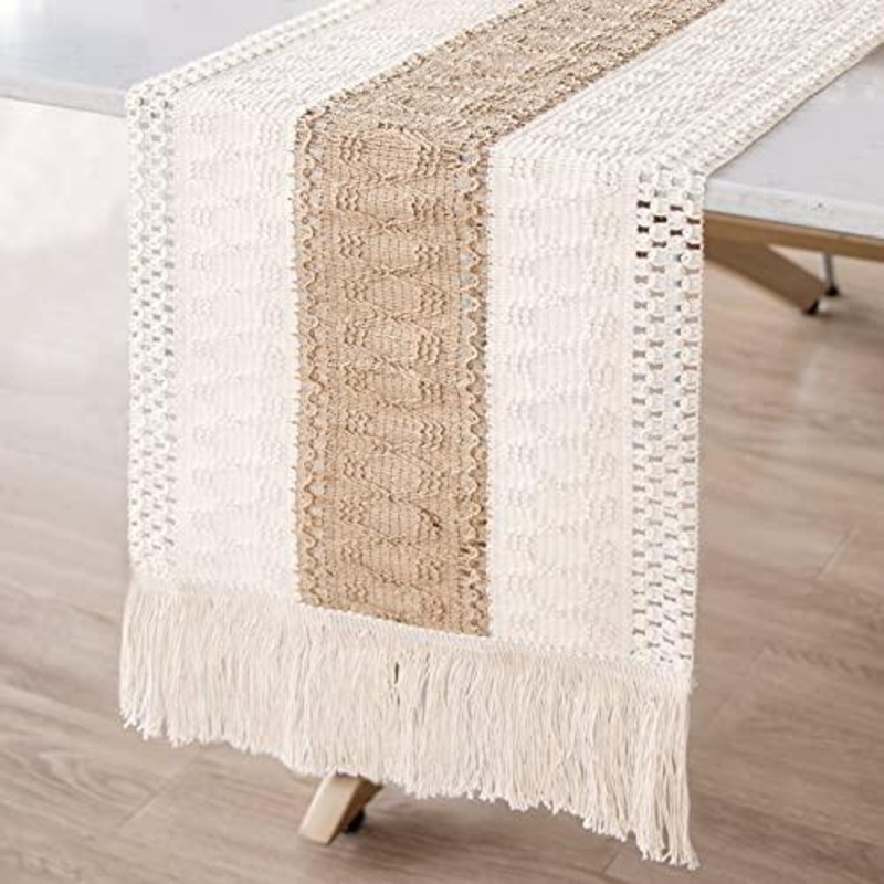 Macrame Table Runner Farmhouse Style, Natural Burlap Boho Table Runner Modern Farmhouse Decor Rustic Woven Cotton Crochet Lace for Bohemian