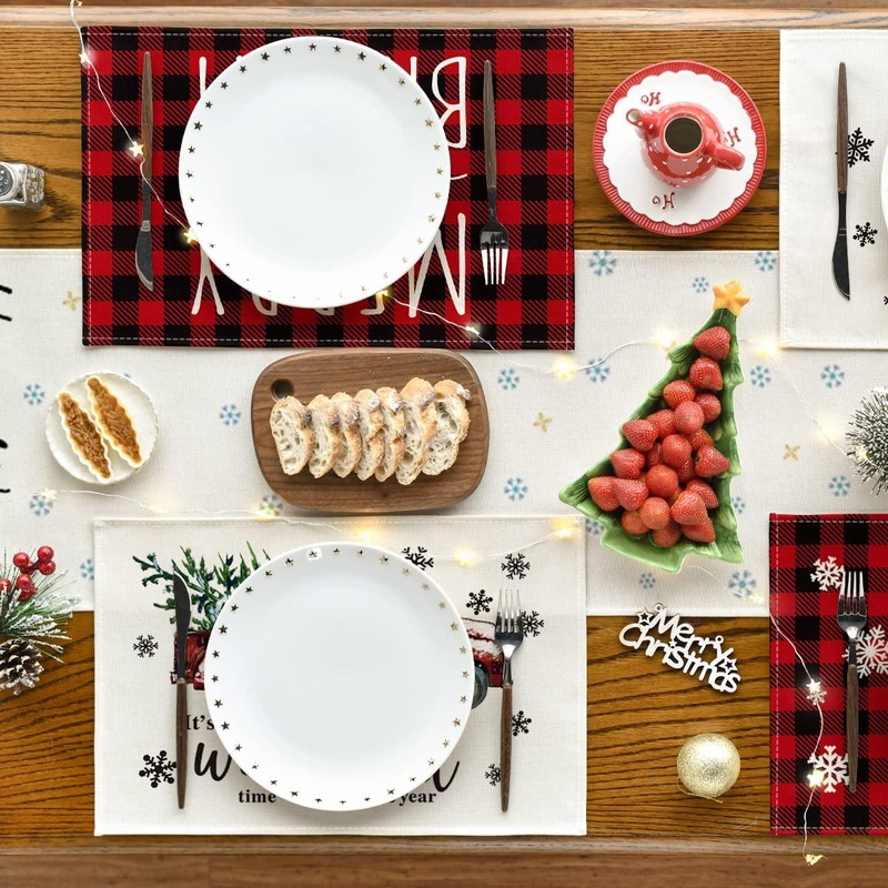 Merry and Bright Buffalo Plaid Christmas Placemats for Dining Table, 12 x 18 Inch Seasonal Watercolor Rustic Vintage Washable Table Mats Set of 4