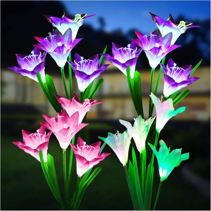 Outdoor Solar Lights, 4 Pack Solar Garden Lights with Bigger Lily Flowers, Waterproof 7 Color Changing Outdoor Lights
