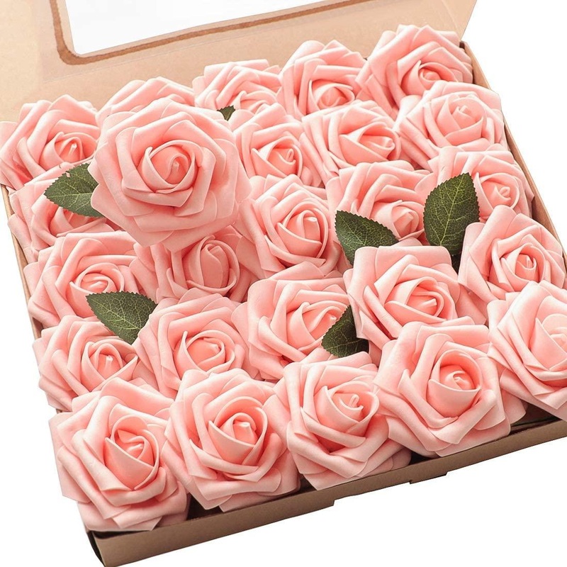 Peach Pink Foam Fake Roses with Stems for DIY Wedding Bouquets Bridal Shower Centerpieces