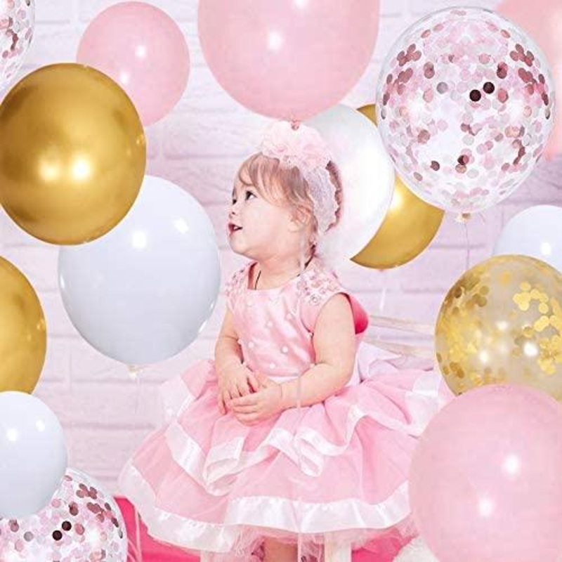 Pink and Gold Balloons-50pcs 12 inch Rose Confetti Balloons and Matte white Balloon- Gold Confetti Latex Balloons for Birthday Wedding