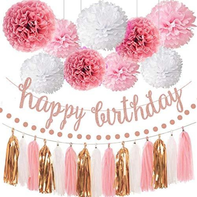 Pink Rose Gold Birthday Party Decorations Set, Rose Gold Glittery Happy Birthday banner, Tissue Paper Pom, Circle Dots Garland