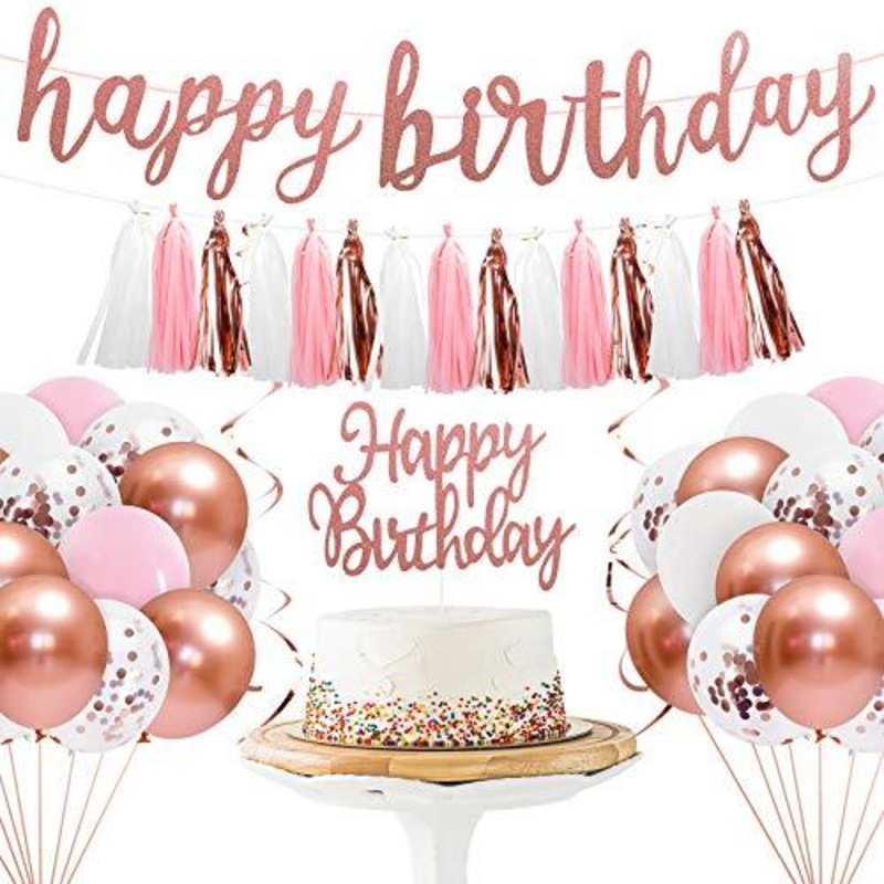 Rose Gold Pink Birthday Party Decorations Set with Happy Birthday Banner, Cake Topper