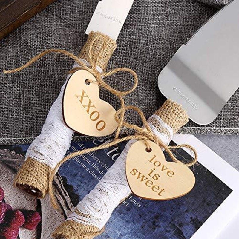 Rustic Style Stainless Steel Wedding Cake Knife and Serving Set Resin Plastic Handle with Twine Heart Love Wood Tag and Burlap Lace Design