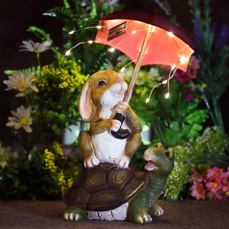 Solar Garden Statue Outdoor Decor, Rabbit Siting on Turtle Holding an Umbrella with String Lights, Easter Bunny Statue for Patio