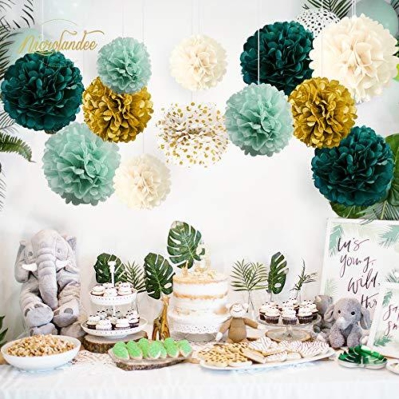 Wedding Party Decorations - 12 PCS Green Ivory Tissue Paper Pom Poms for Neutral Baby Shower, Vintage Party, Birthday, Bridal Showers, Rustic Wedding Decorations