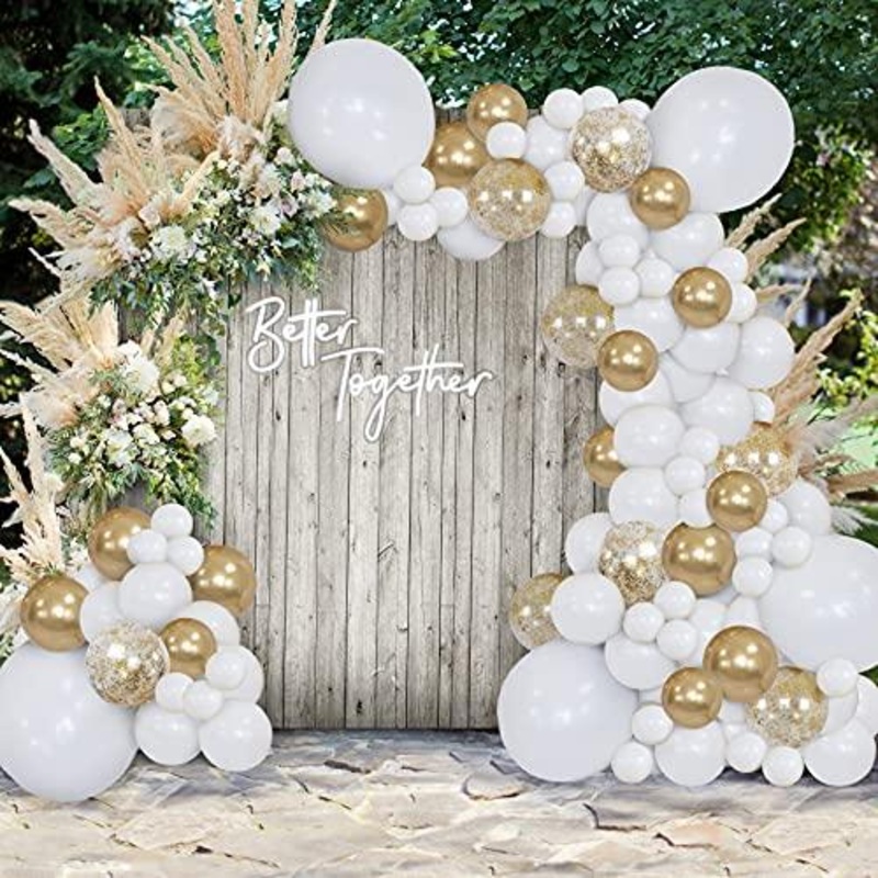 White and Gold Balloon Arch Kit | Balloon Garland | 16' | 150 Balloons | Gold Crushed Confetti Balloons, Gold Chrome Metallic Balloons, & White Premium Latex Balloons