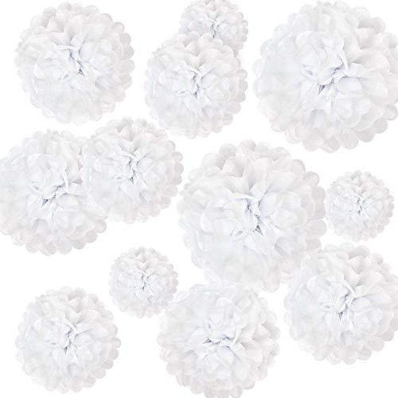 White Tissue Paper Pom Poms Flowers Party Decorations 12" 10" 8" 6" Pack of 12