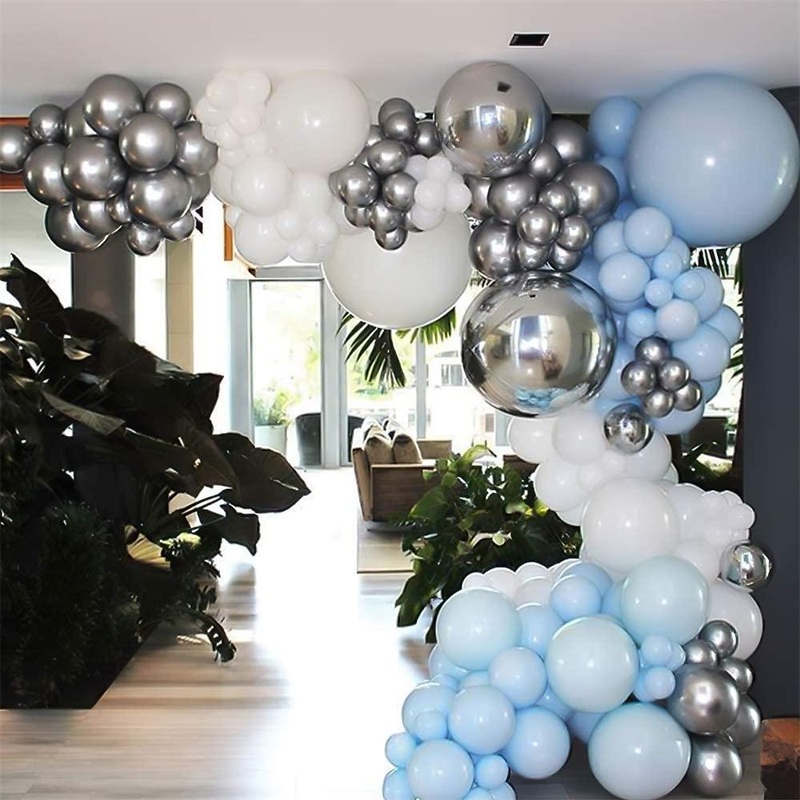 155PCS 18In 12In 5In Metallic Sliver Macaron Blue White Balloon Arch Garland For Festival Picnic Family Engagement, Wedding, Birthday Party