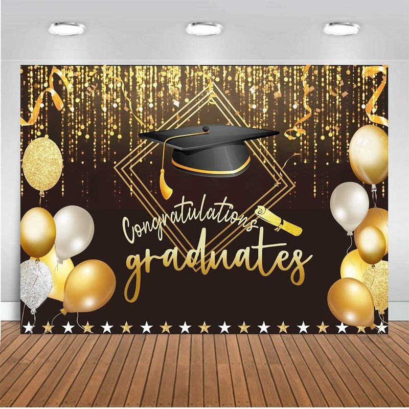 2023 Class Graduation Photography Backdrop Black and Gold Cap Balloon Grad Congrats Party Banner Background