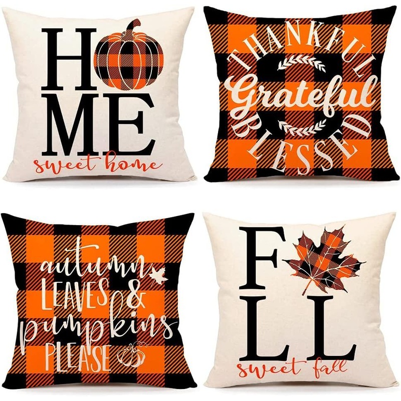 4pcs Fall Decor Pillow Covers 18x18" Thanksgiving Buffalo Check Farmhouse Decorations