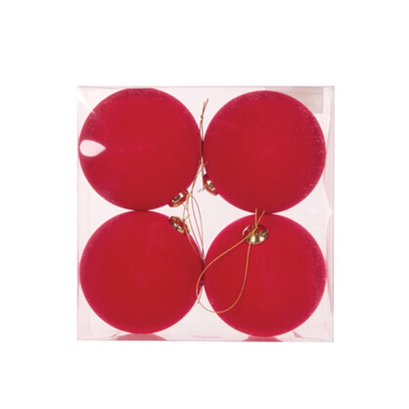 Bauble Flocked Red 4pk 10cm