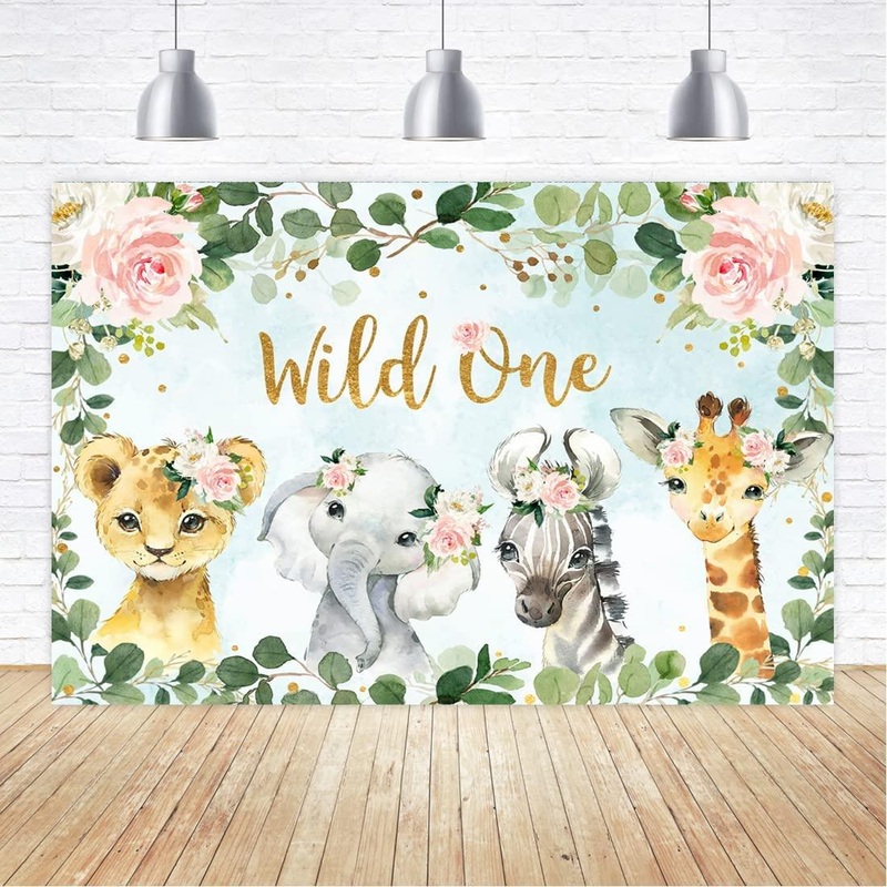 Girl Jungle Safari Animals Wild One Backdrop 1st Birthday Pink Floral Green Leaves Photography Background