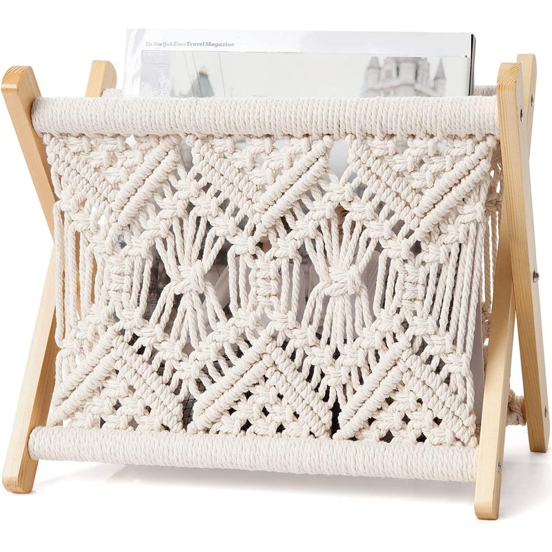 Macrame Magazine Rack Boho Magazine Holder Storage Standing Basket for Books