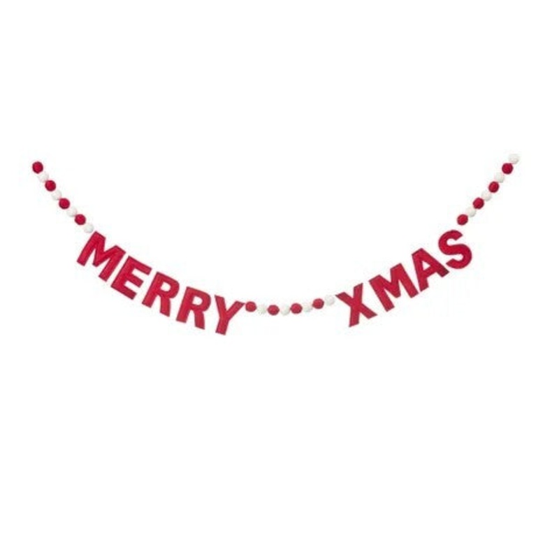 Merry Xmas Garland Red Felt Pom Pom 183cm