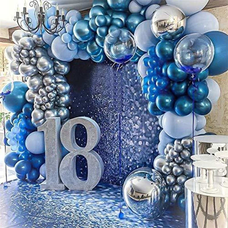 Metallic Blue Balloon Kit 147PCS 18In 12In 5In Metallic Sliver Macaron Blue Pearl Blue Transparent Balloon Arch Garland