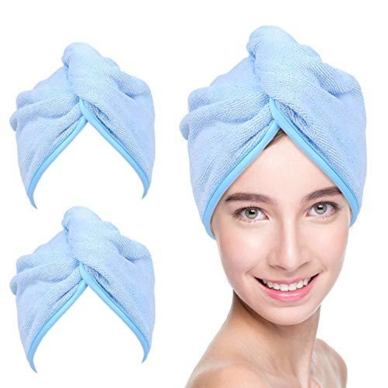 Microfiber Hair Towel Wrap for Women, 2 Pack 10 inch X 26 inch, Super Absorbent Quick Dry Hair Turban for Drying Curly, Long & Thick Hair (Blue)