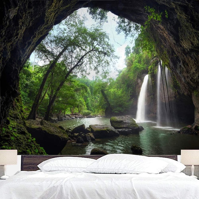 Mountain Cave Nature Tapestry Wall Hanging Forest Landscape Tapestries Waterfall Large Tapestry for Bedroom Dorm Decor
