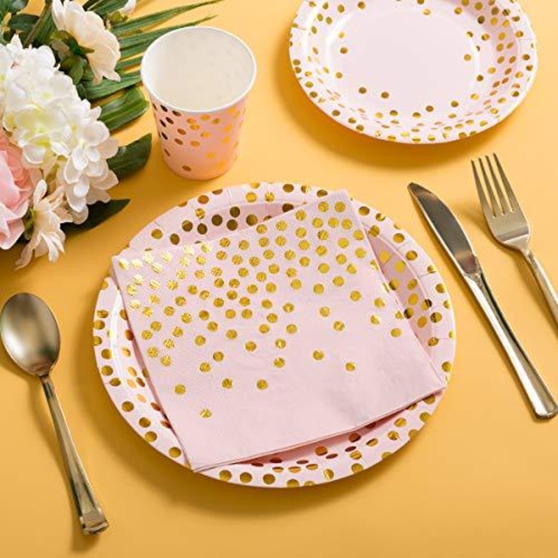 Pink and Gold Party Supplies ?Disposable Dinnerware Set Serves 25 Gold Dots on Pink Paper Plates Cups and Napkins, Gold Plastic Knives Spoons Forks for Baby Shower Wedding Party Bridal Shower