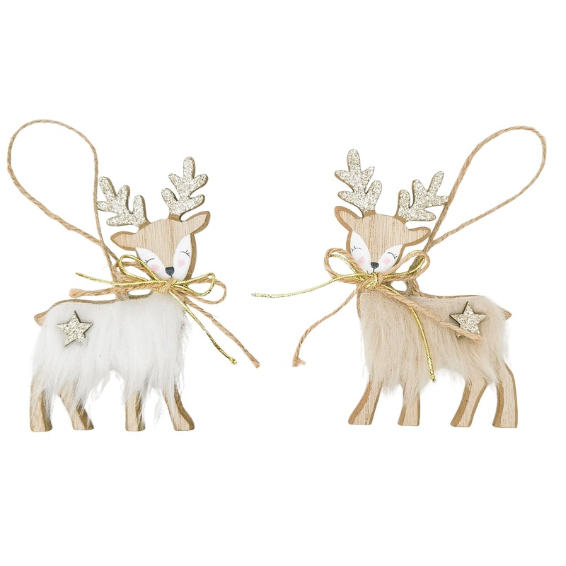 Reindeer Fluffy Wooden Hanging White/Beige 14cm.