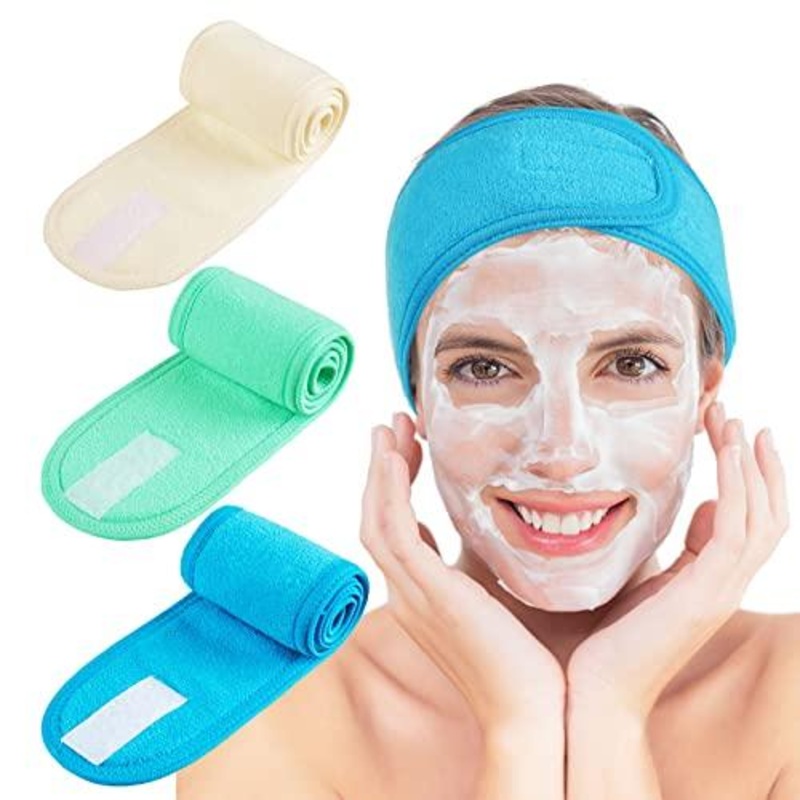 Spa Facial Headband Make Up Wrap Head Terry Cloth Headband Adjustable Towel for Face Washing, Shower, 3 Pieces (Blue, Green, Yellow)
