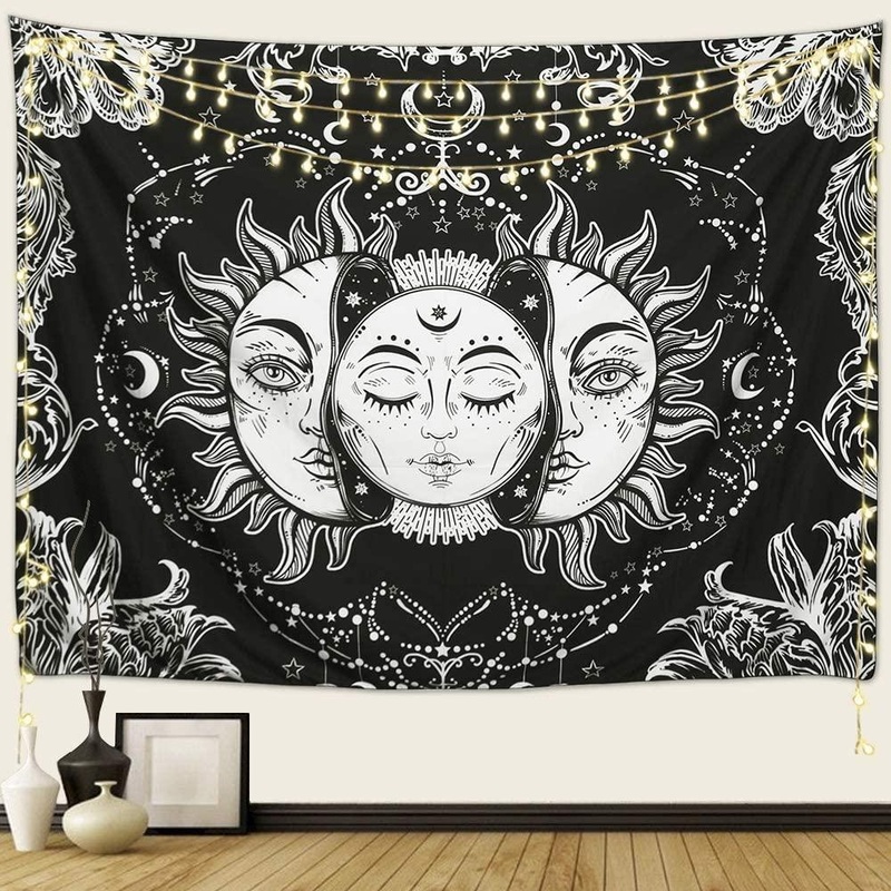 Sun and Moon Tapestry, Sun with Stars Psychedelic Popular Mystic Wall Hanging Tapestry for bedroom