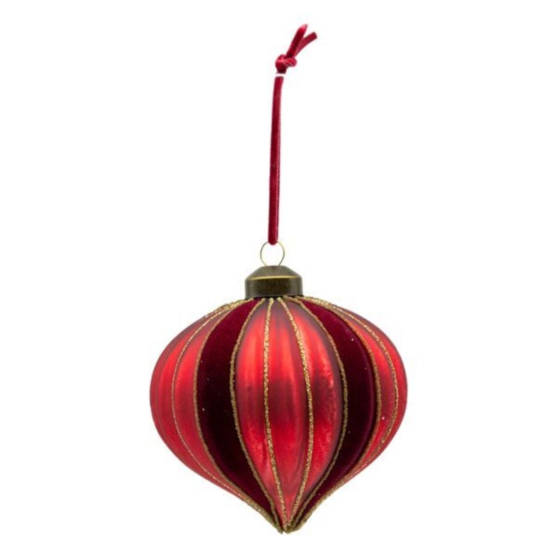 Drop Bauble Red Flocked Stripe 10cm