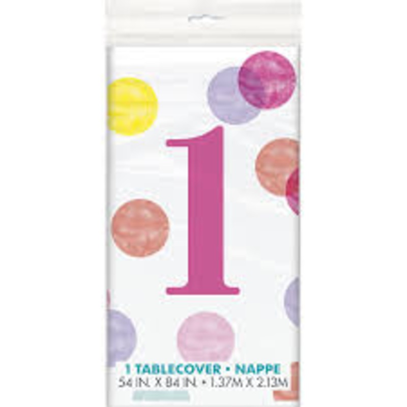 Pink 1st Birthday Polka Dots Plastic Rectangular Tablecover