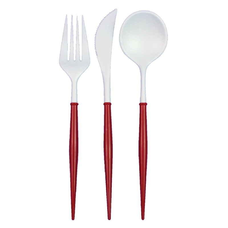 Bella Reusable Plastic Cutlery white/Red handle S/24
