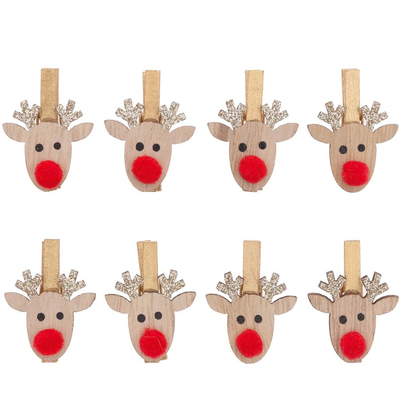 Gold Glitter Reindeer Wood Clips