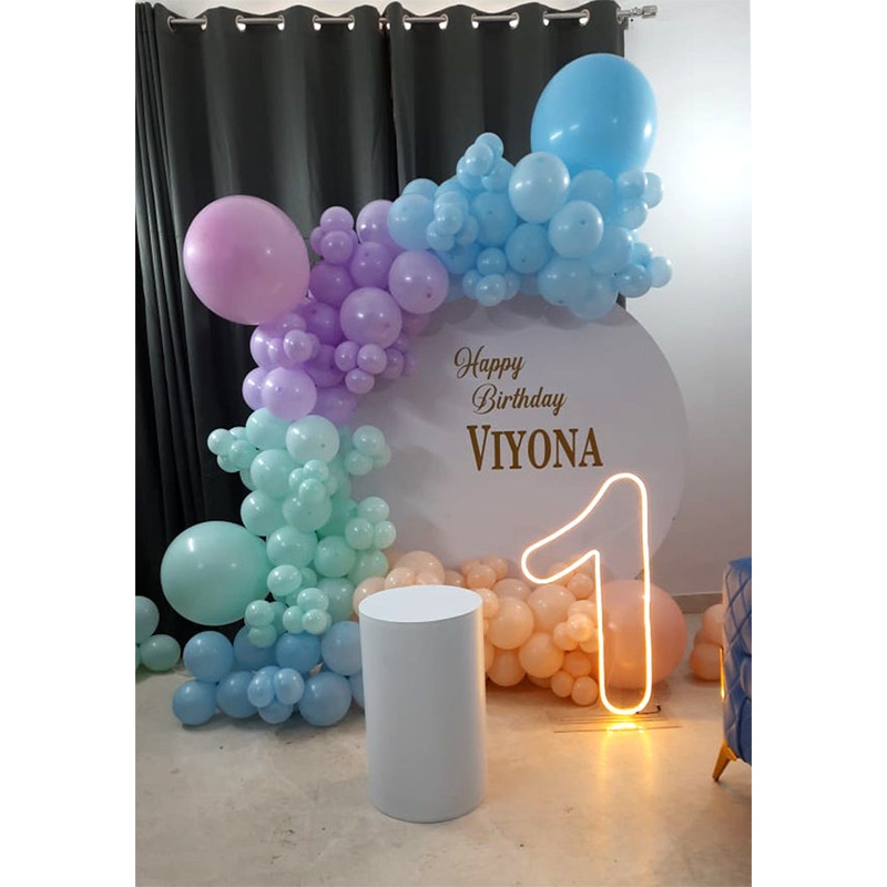 Happy Birthday Balloons Half-Arch with Welcome Board and Neon Milestone