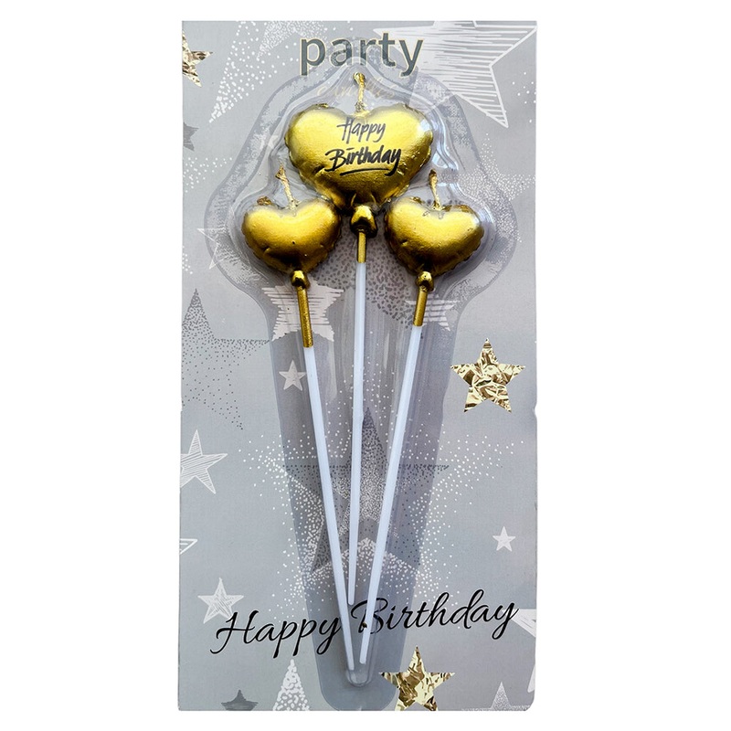 Happy Birthday Heart Shaped Chrome Candles Set [3 Pcs] - Assorted Colors