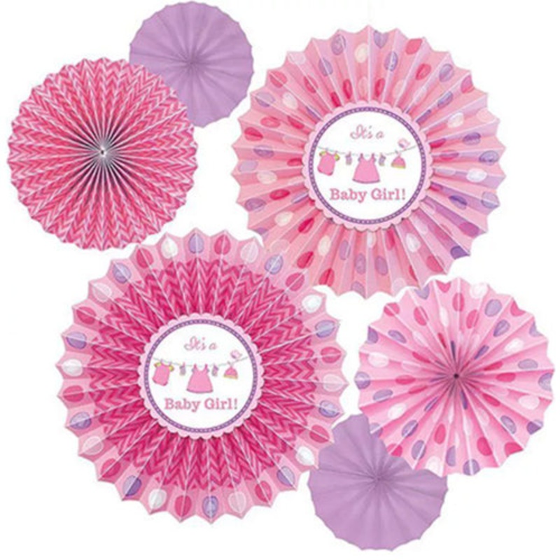 It's a Baby Girl Party Hanging Fans Decoration Set (6 Assorted Round Paper Fans)
