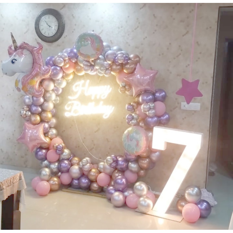 Unicorn Theme Metallic Balloon Arch with Neon Light and Marquee Number [ BD41 ]