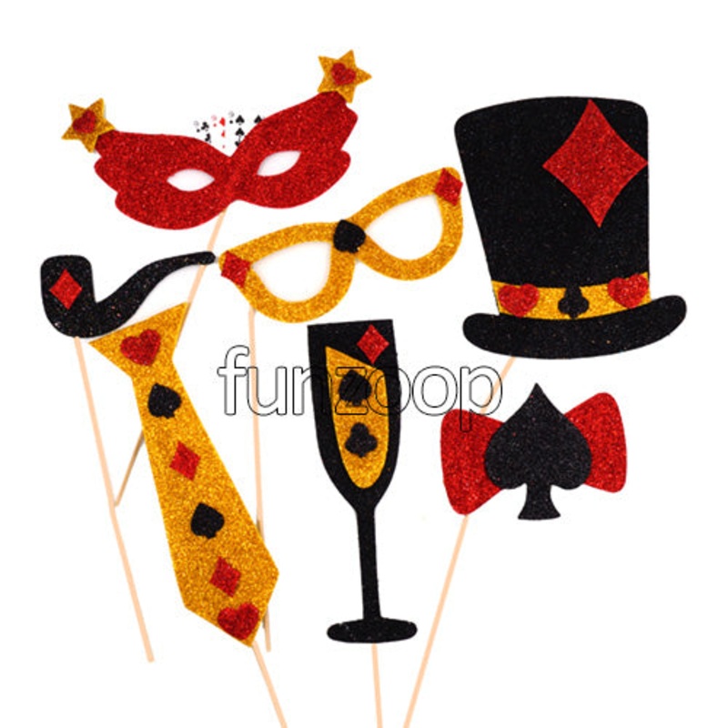7 Pcs Casino Theme Glitter Photo Booth Props Set for Cards Parties