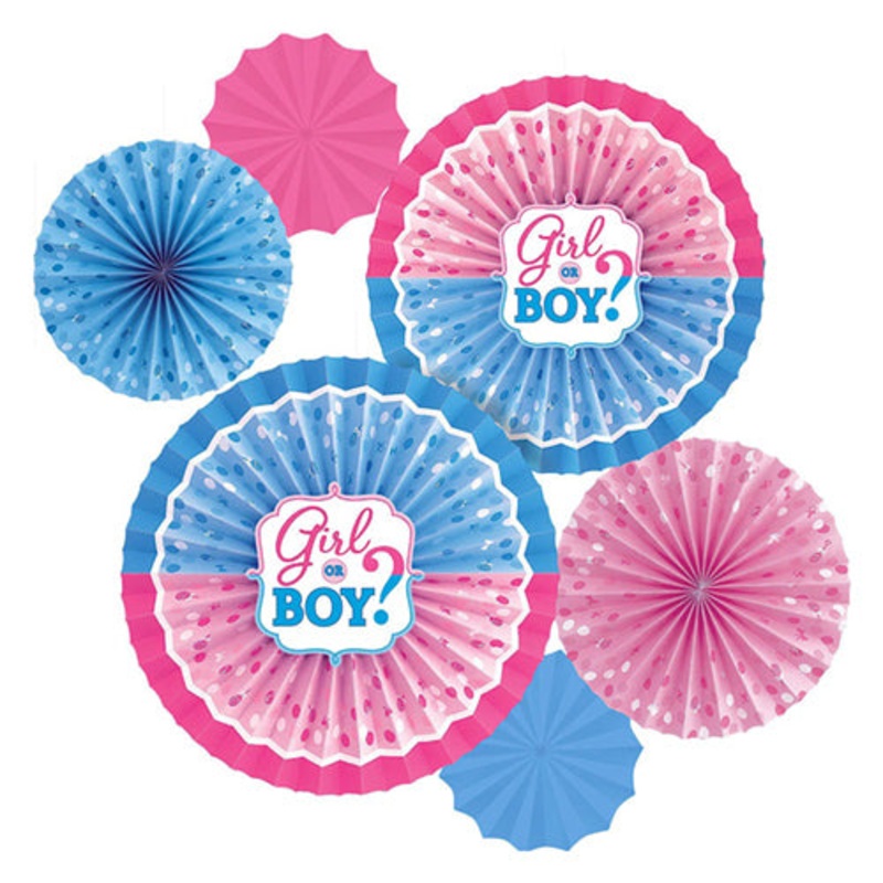 Baby GIRL or BOY? Party Hanging Fans Decoration Set (6 Assorted Round Paper Fans)