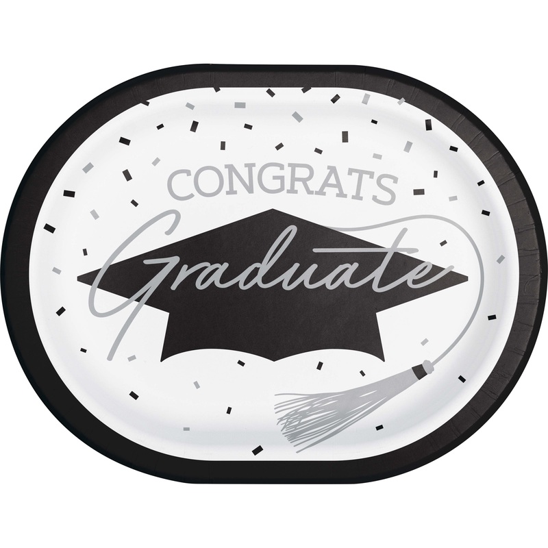 Graduation Paper 12in Oval Plates 8ct | White