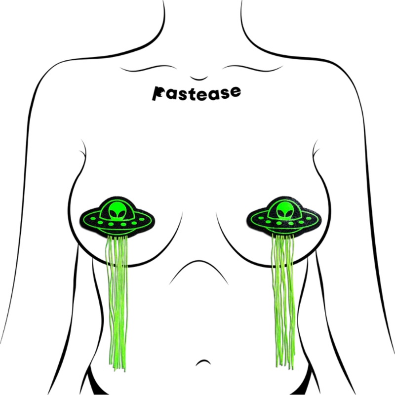 Tassel UFO Alien Glow-in-the-Dark Neon Green on Black Nipple Pasties | Pastease
