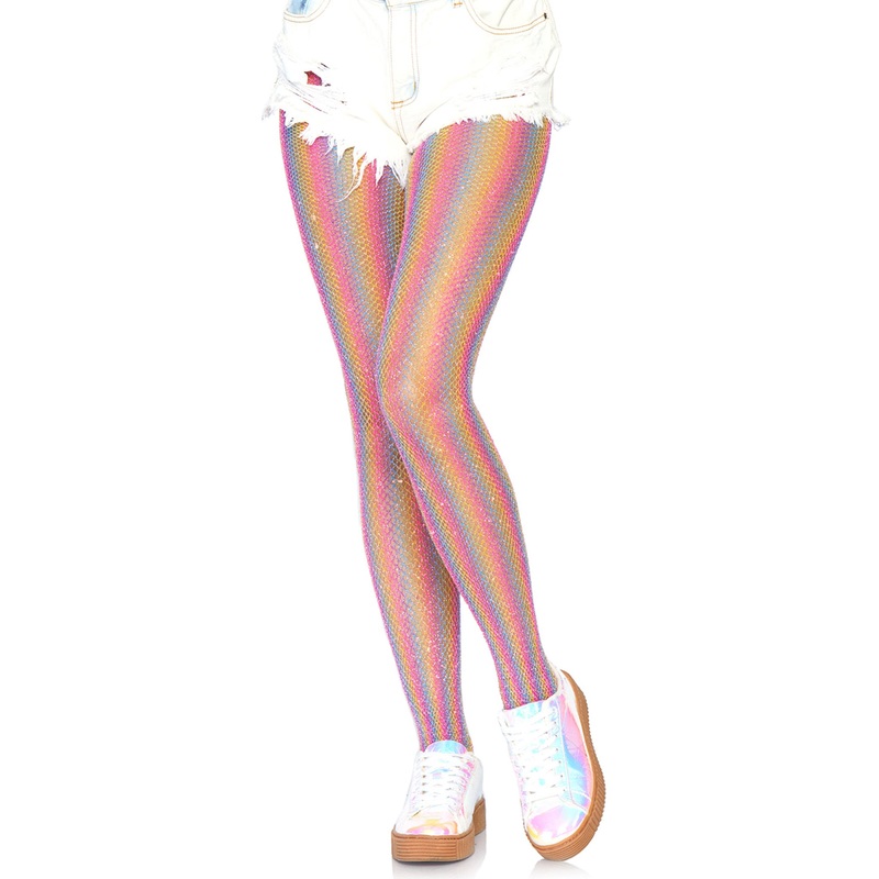 Lurex Shimmer Rainbow striped fishnet tights | Pink